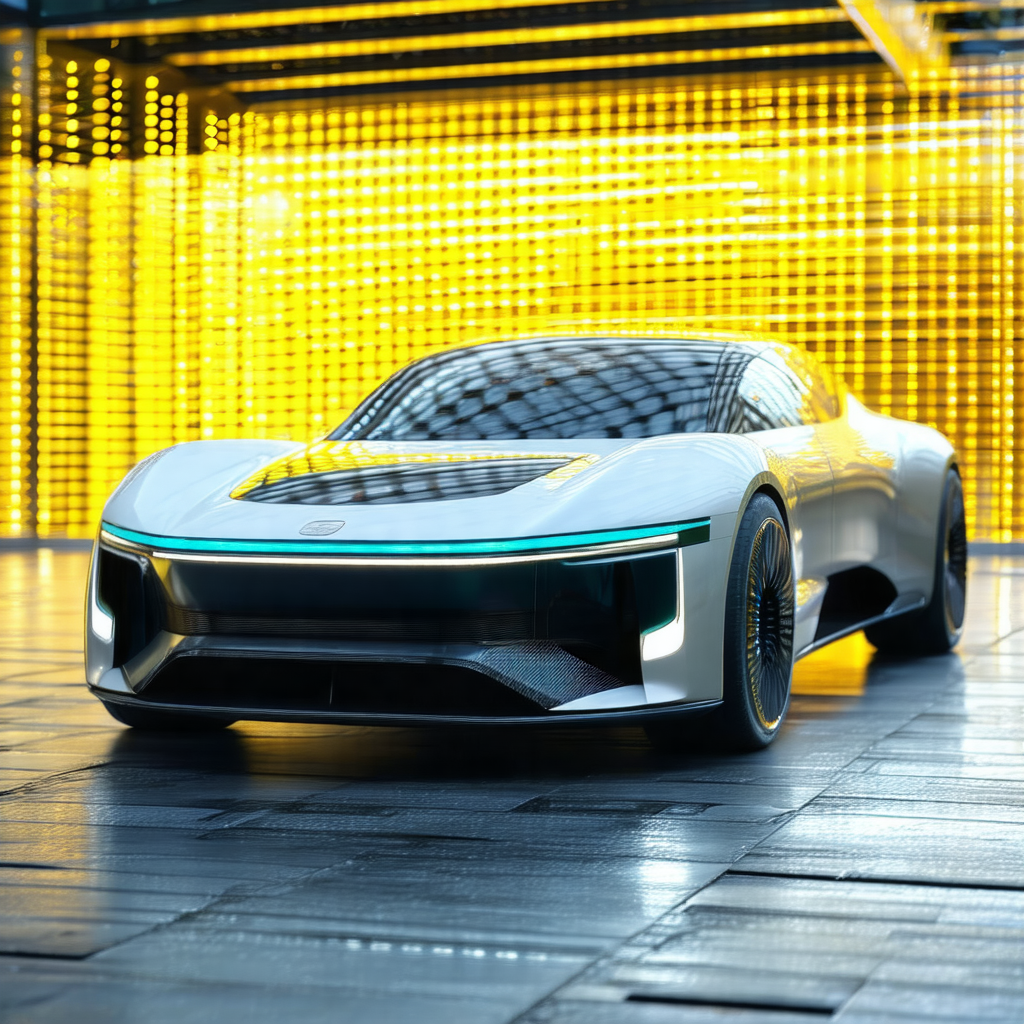 Futuristic white car with a sleek design, parked in a garage