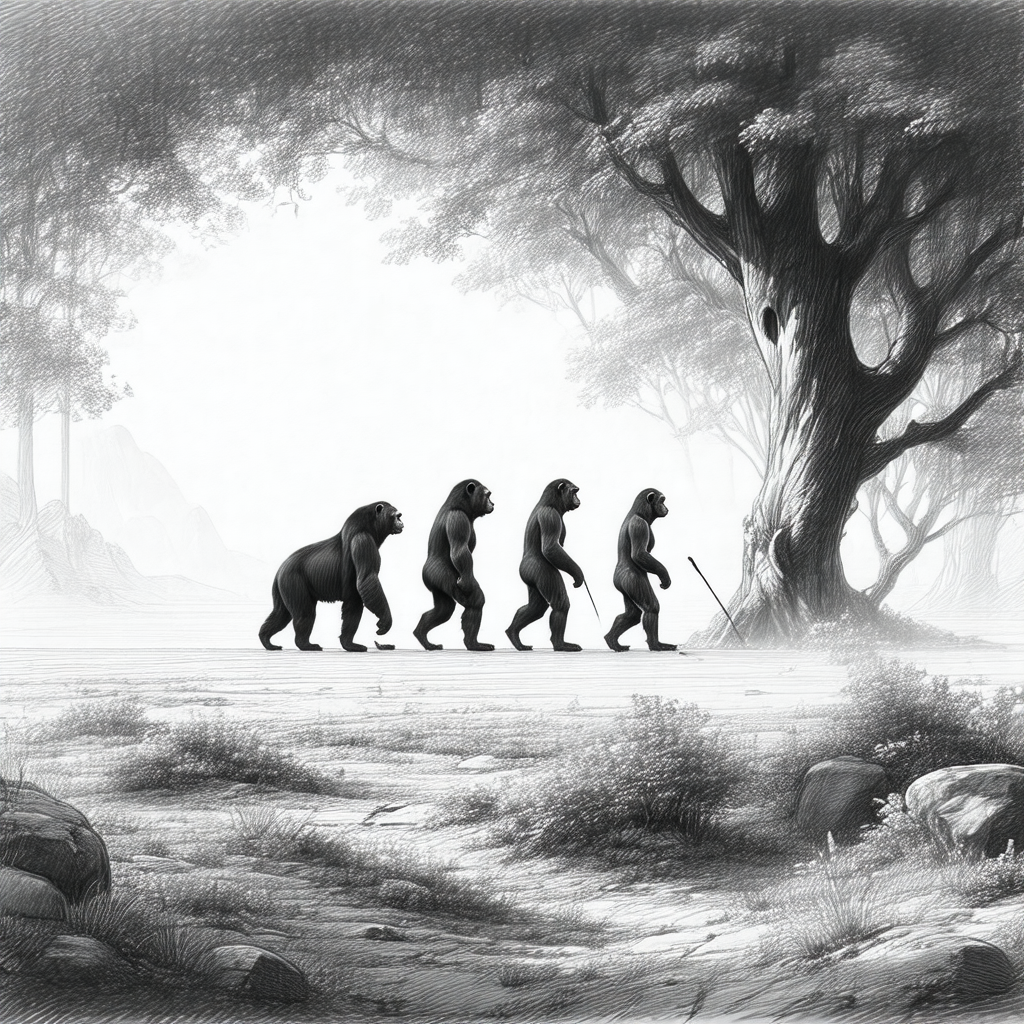 Group of five gorillas walking in a line through a forest