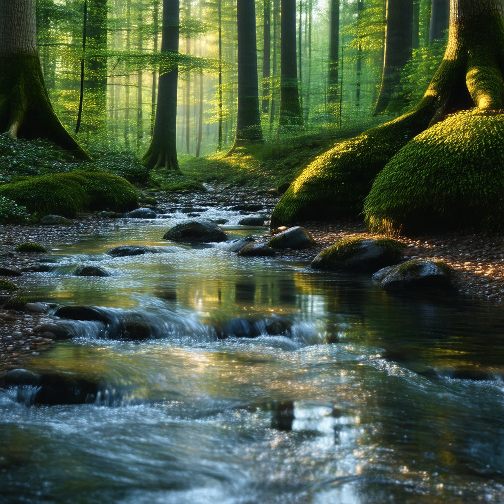 Serene forest scene with a small stream flowing through t...