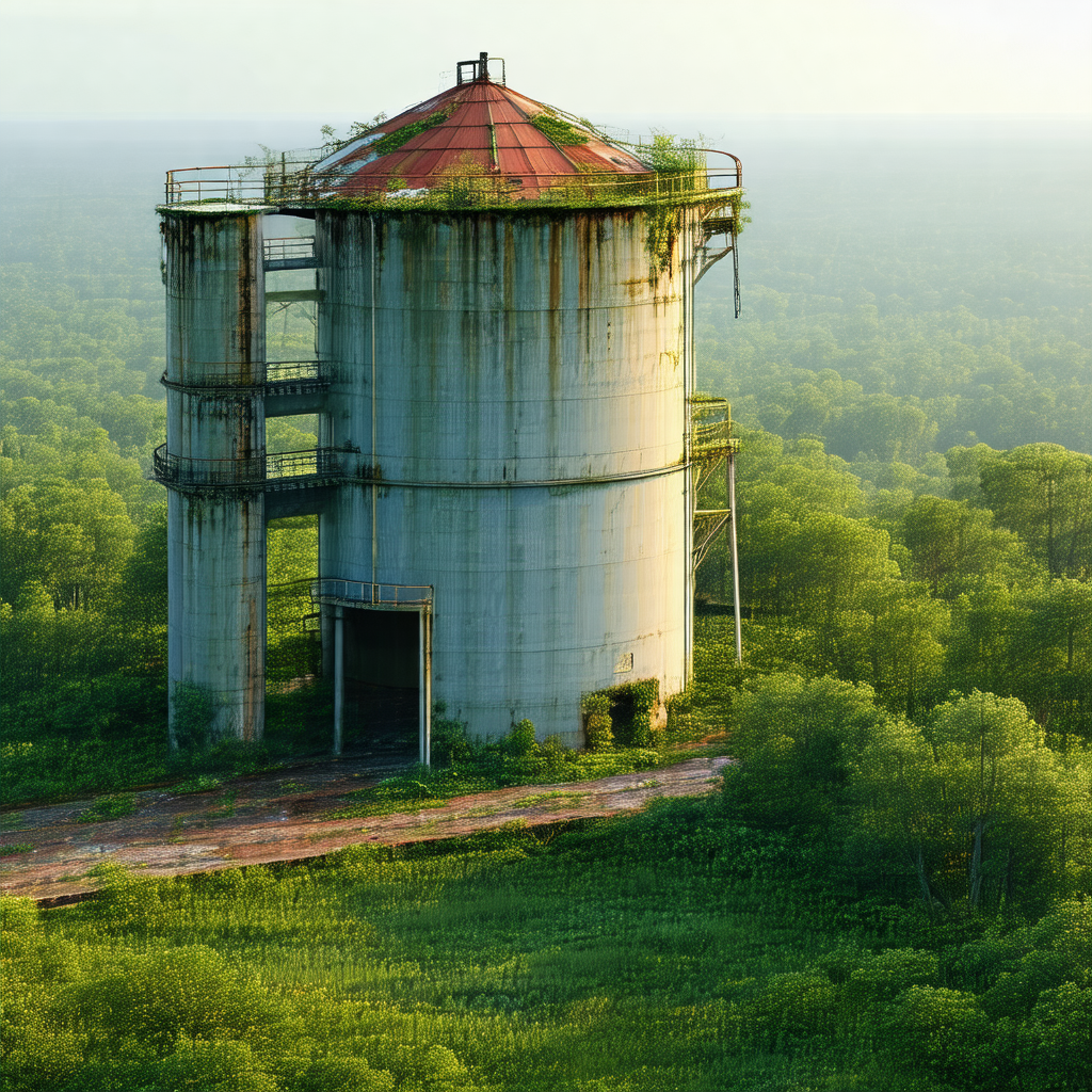 Large, rusty water tower situated in a lush green forest