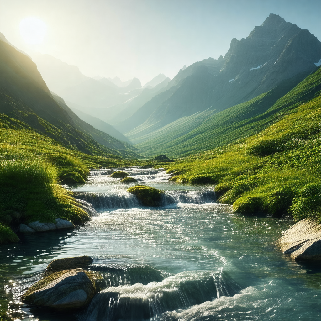 Beautiful mountain stream flowing through a lush green va...