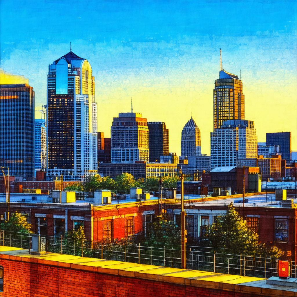 Painting of a city skyline at sunset
