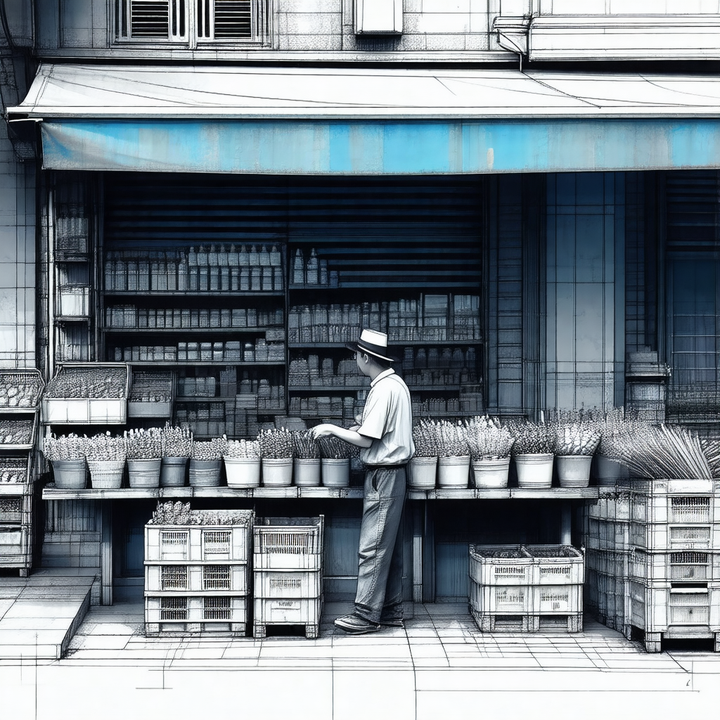 Black and white drawing of a man standing in front of a s...