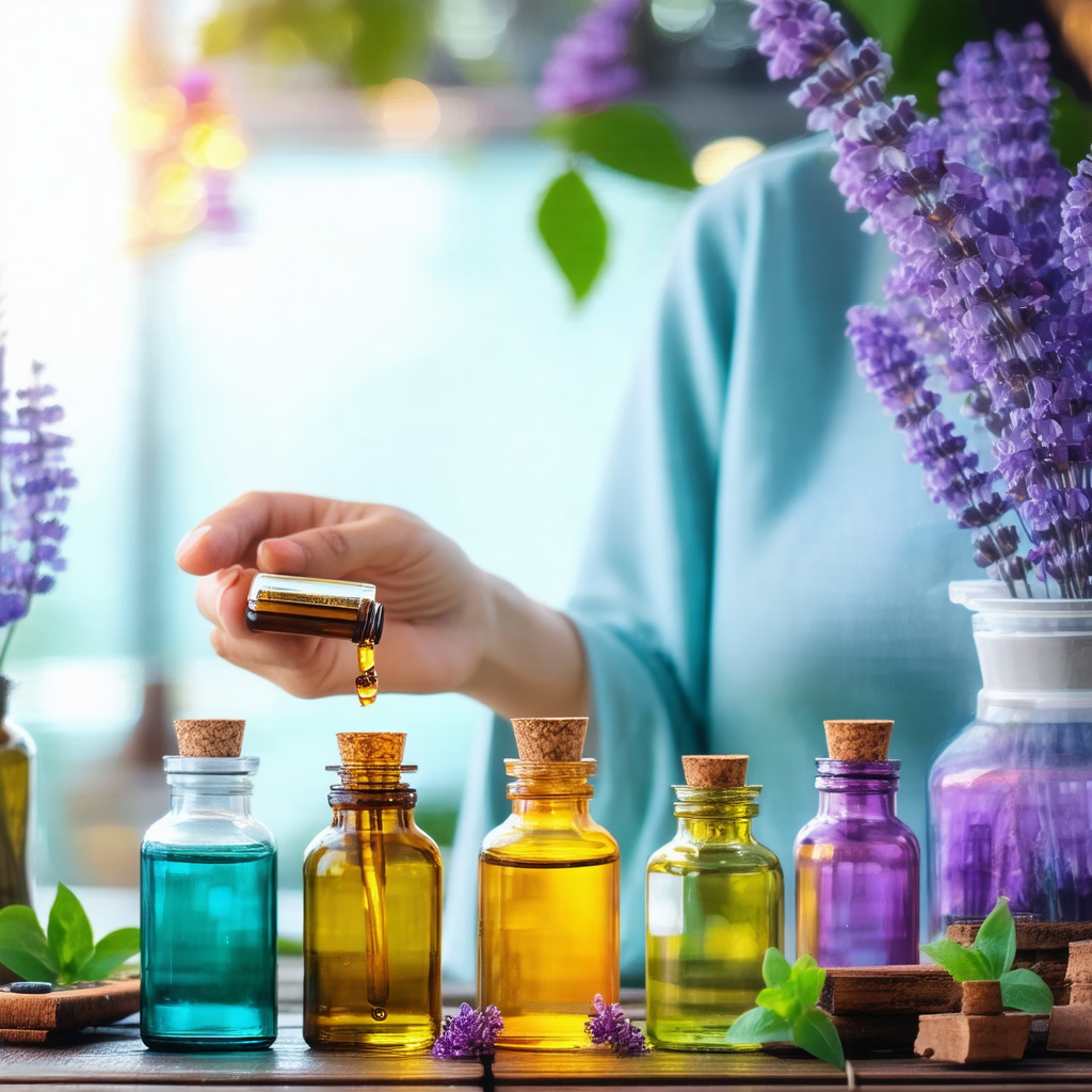 Woman holding a bottle of oil, possibly lavender oil, and...