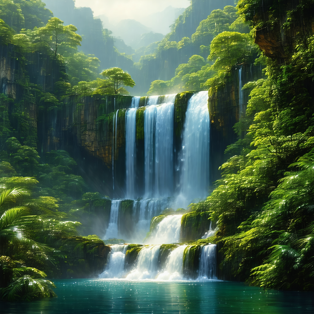 Beautiful waterfall surrounded by lush green trees