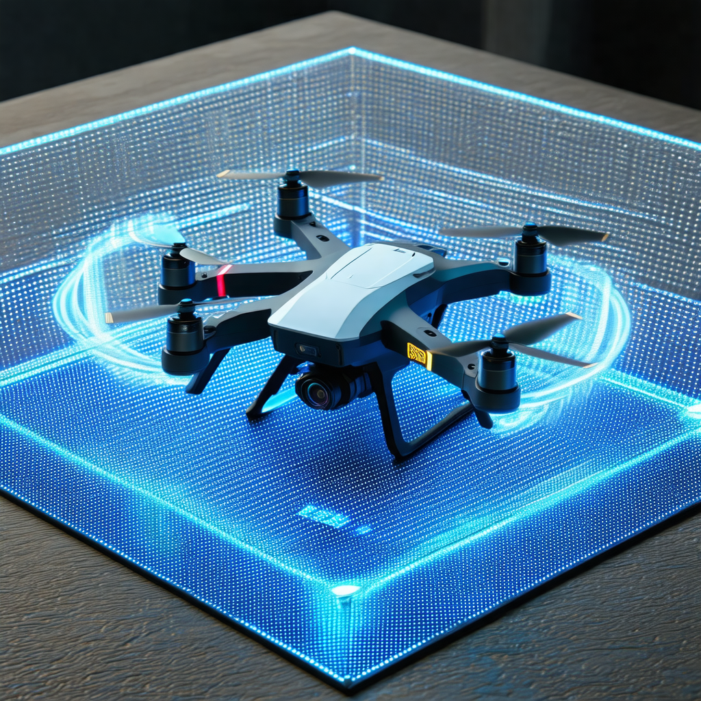 Small drone, possibly a toy, sitting on a blue surface