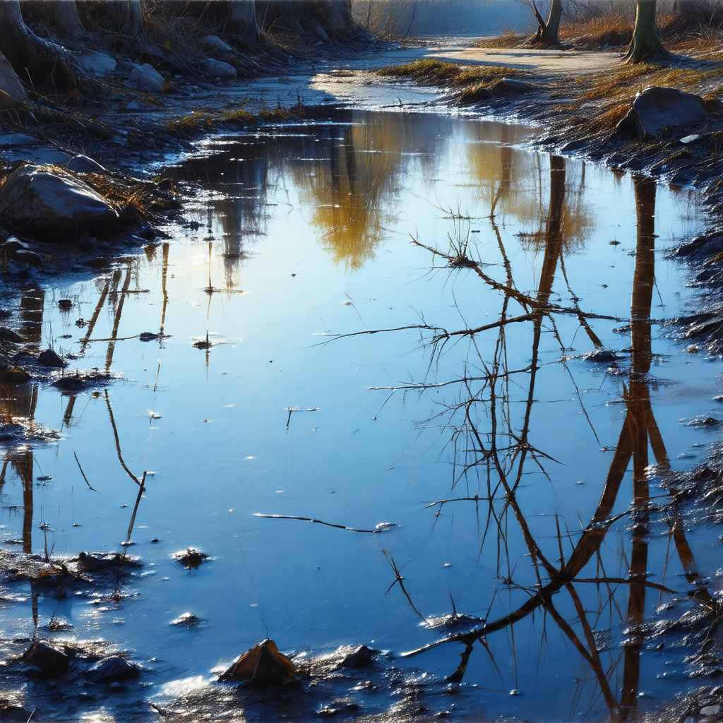 Small pond with a tree branch reflecting in the water