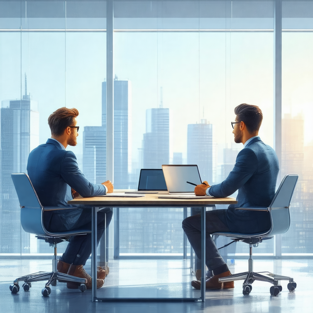 Two men sitting at a conference table in a modern office ...