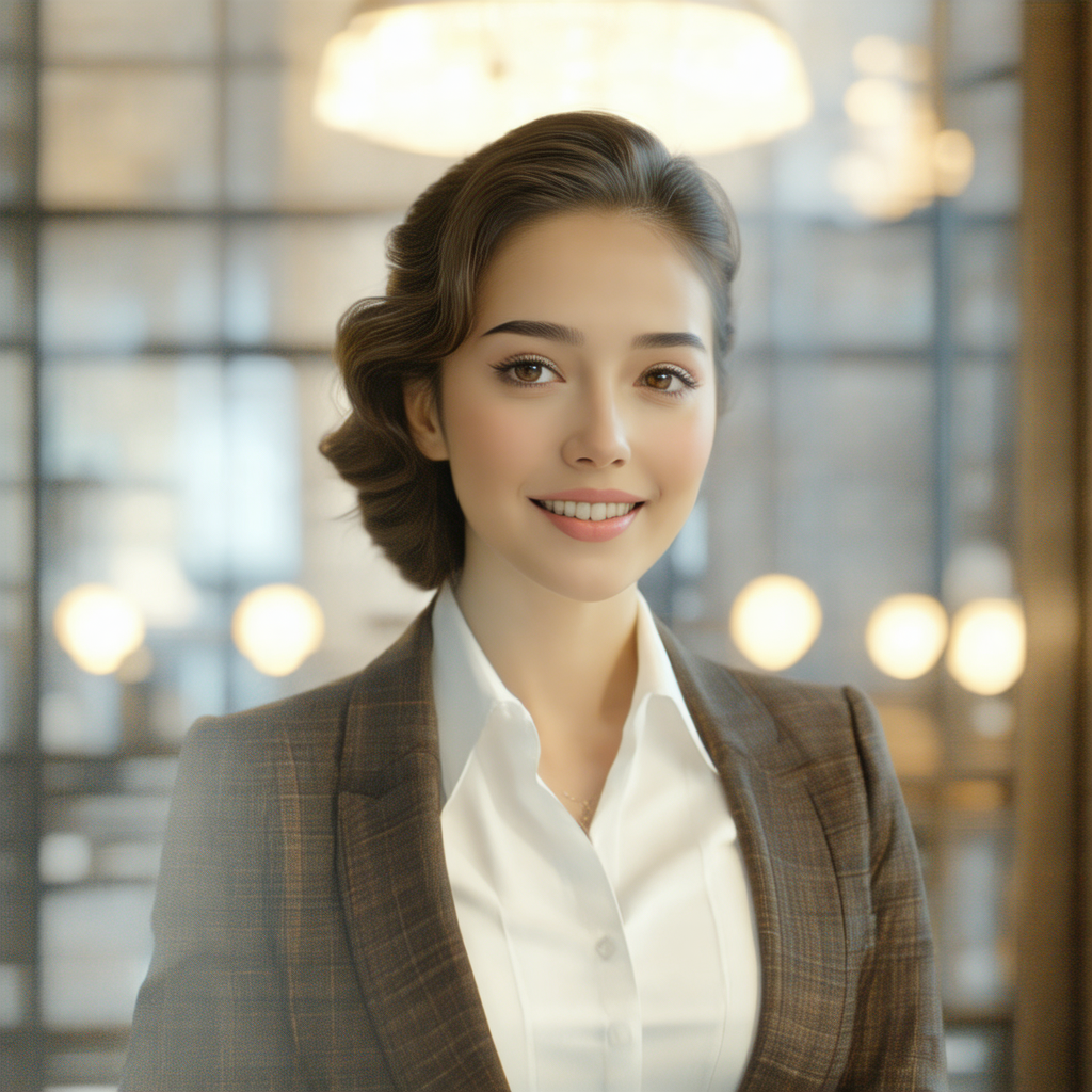 Woman wearing a suit and tie, standing in front of a larg...