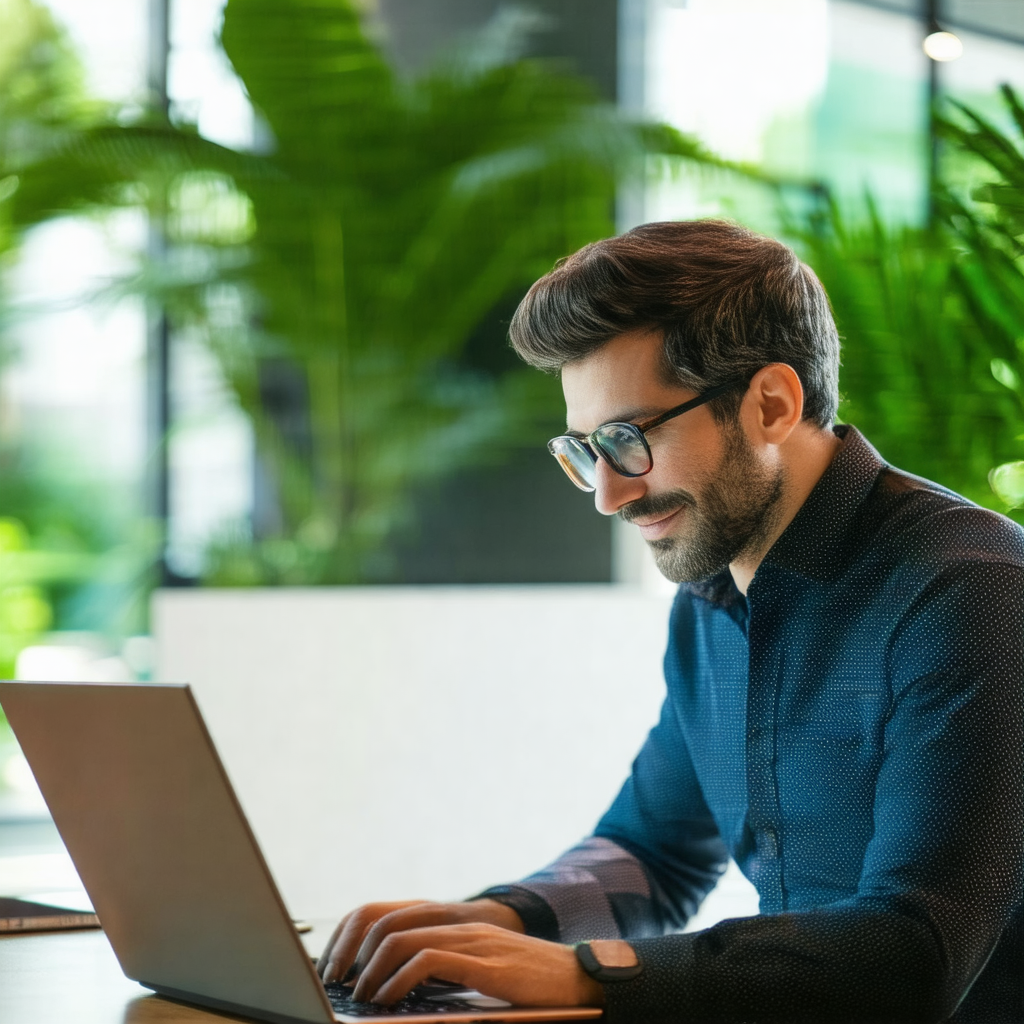 Man sitting at a desk, working on a laptop computer