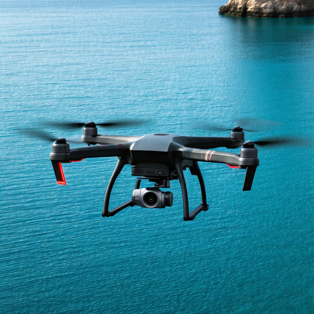Black drone flying over a large body of water, possibly a...
