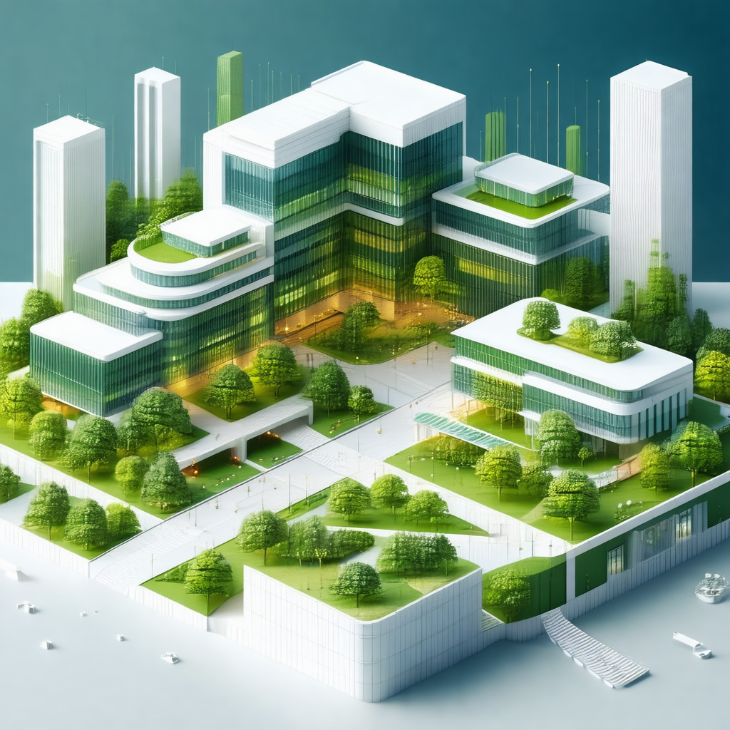 3d model of a city with a large building in the center