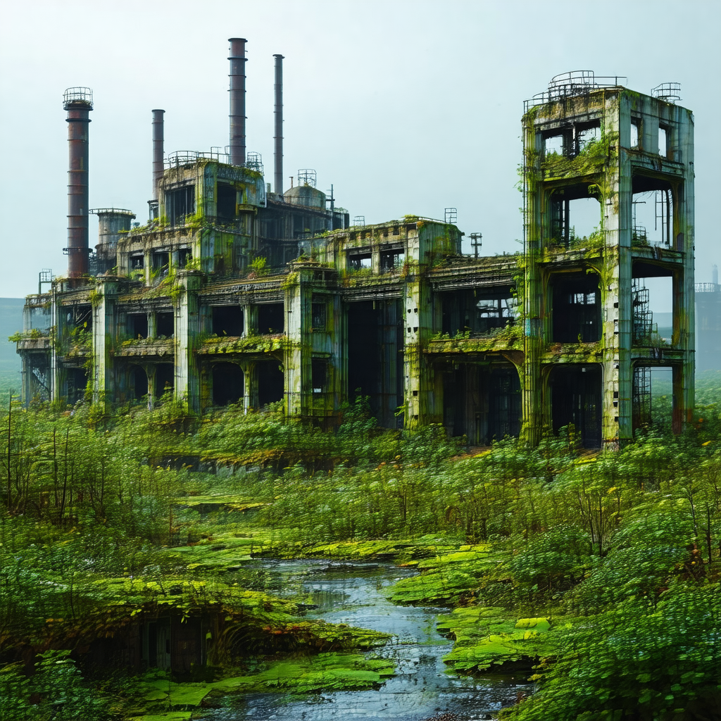 Large, abandoned building with a green moss-covered roof
