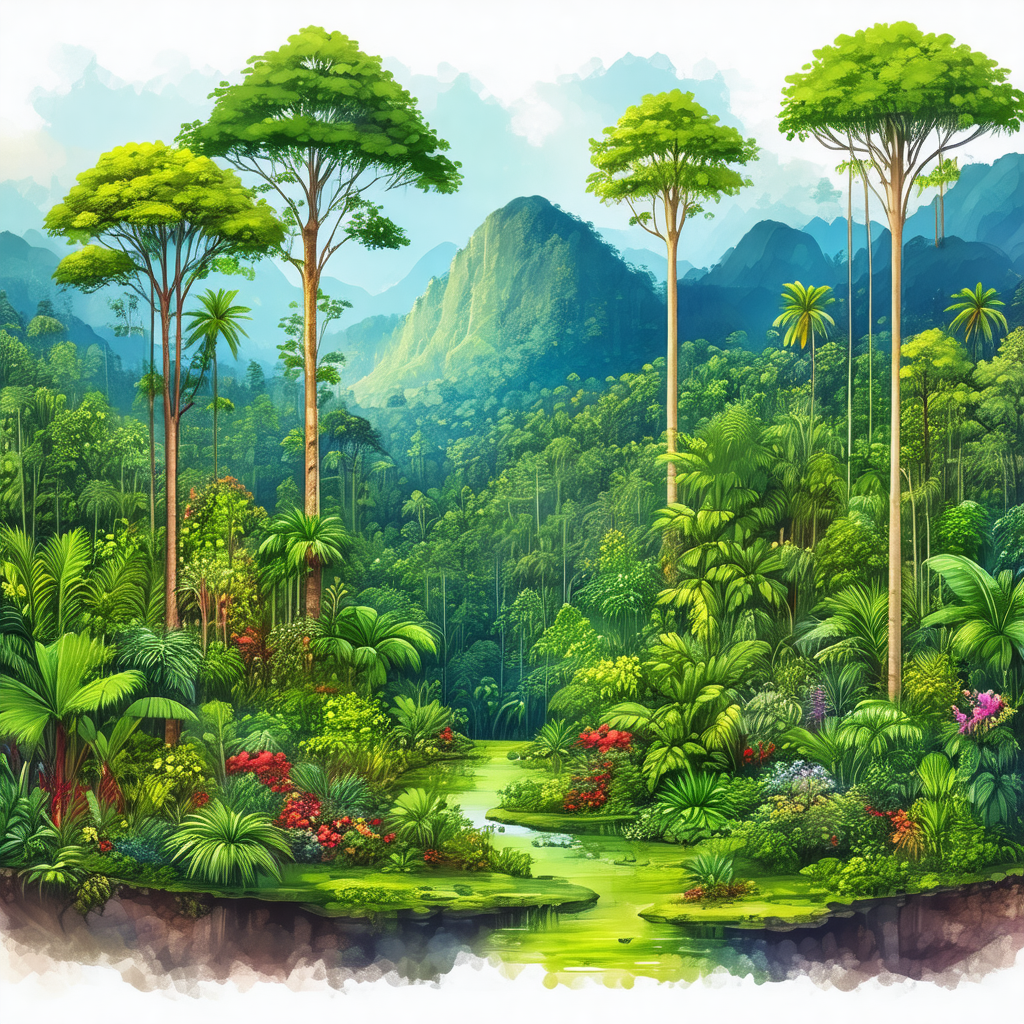 Colorful, hand-drawn illustration of a lush, tropical forest