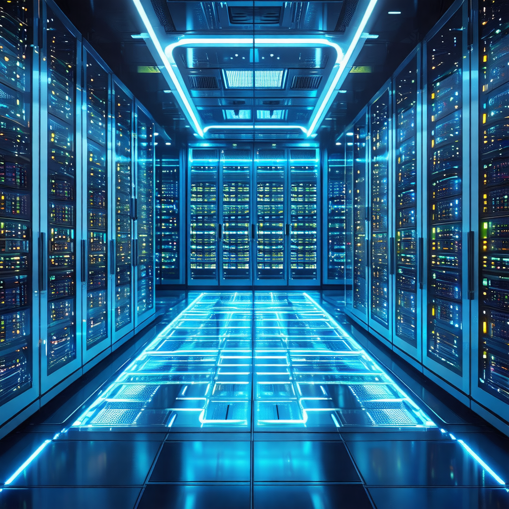 Large, blue-lit room filled with rows of computer servers