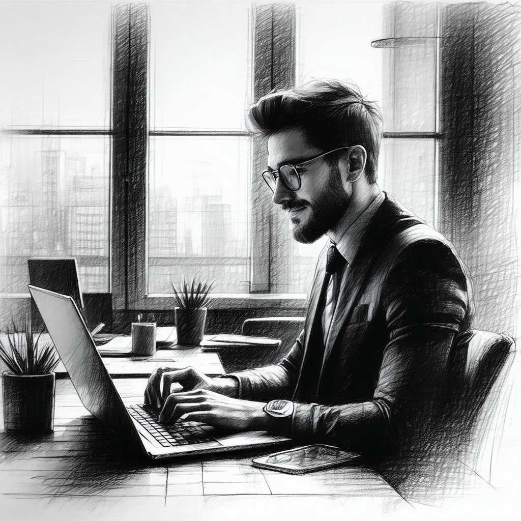Black and white drawing of a man sitting at a desk, worki...