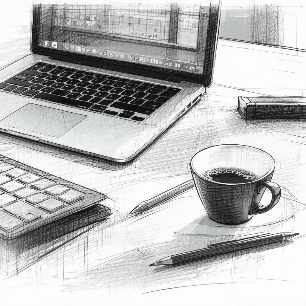 Black and white drawing of a laptop computer sitting on a...
