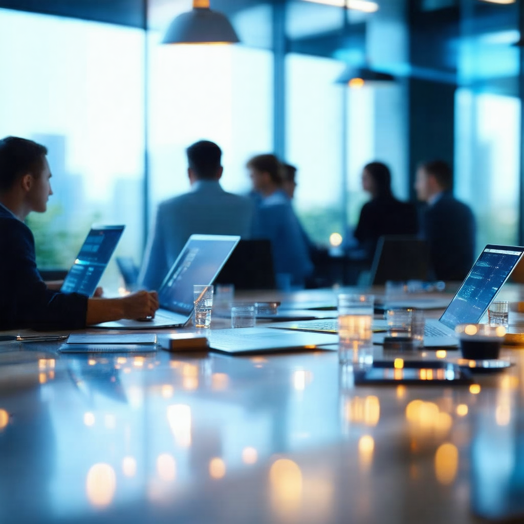 Group of people sitting around a large dining table, work...