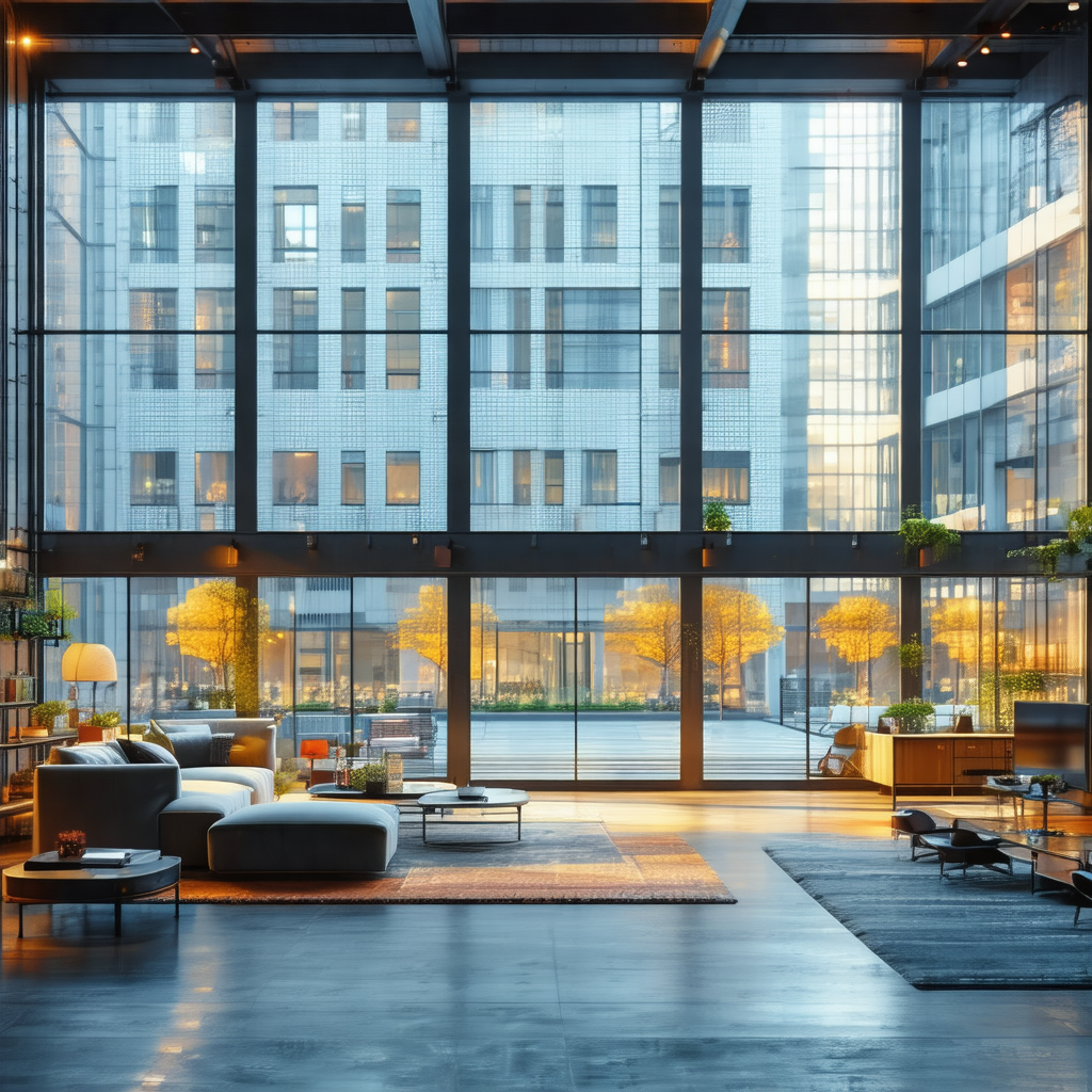 Large, modern living room with a variety of furniture and...