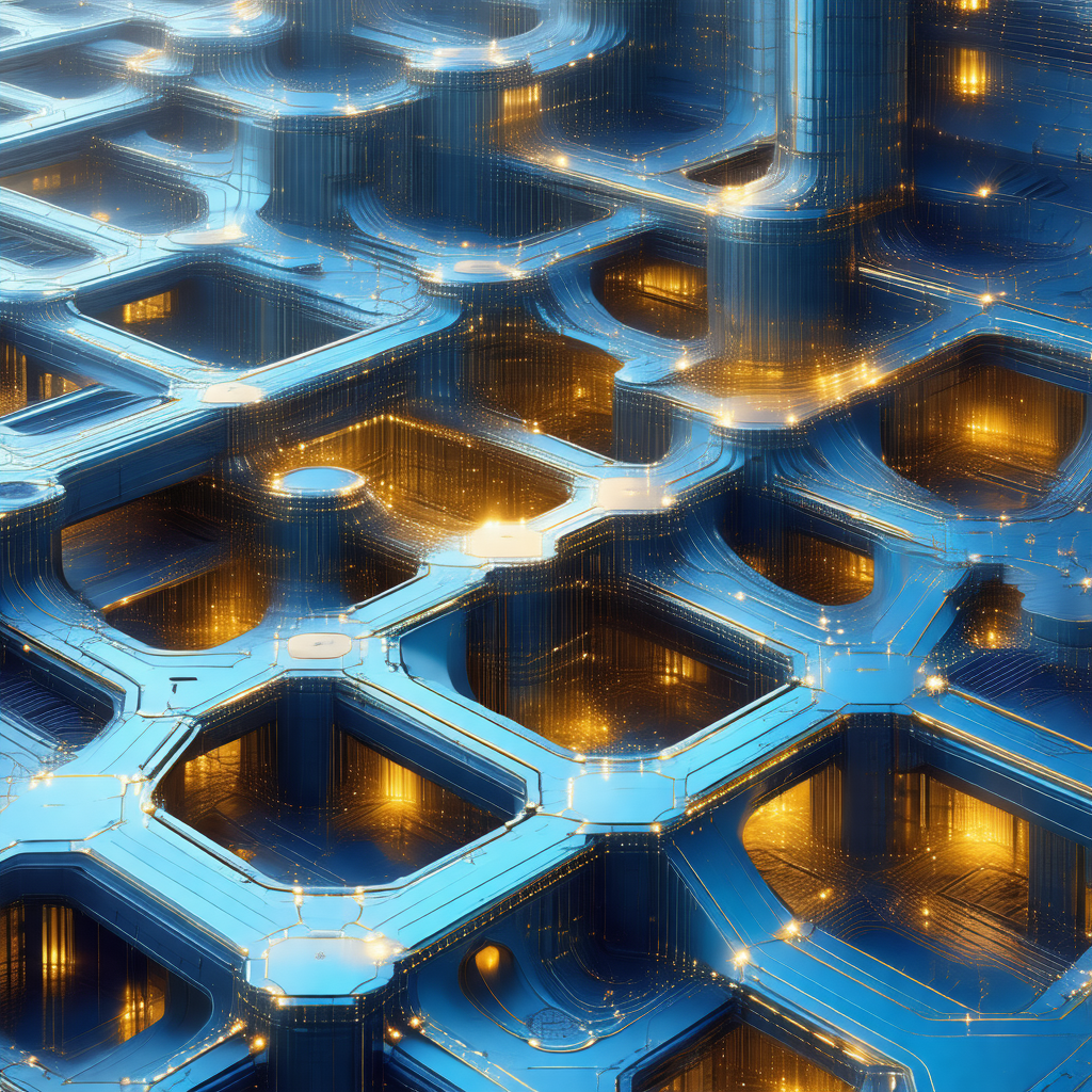 Futuristic, blue-toned cityscape with a large number of i...