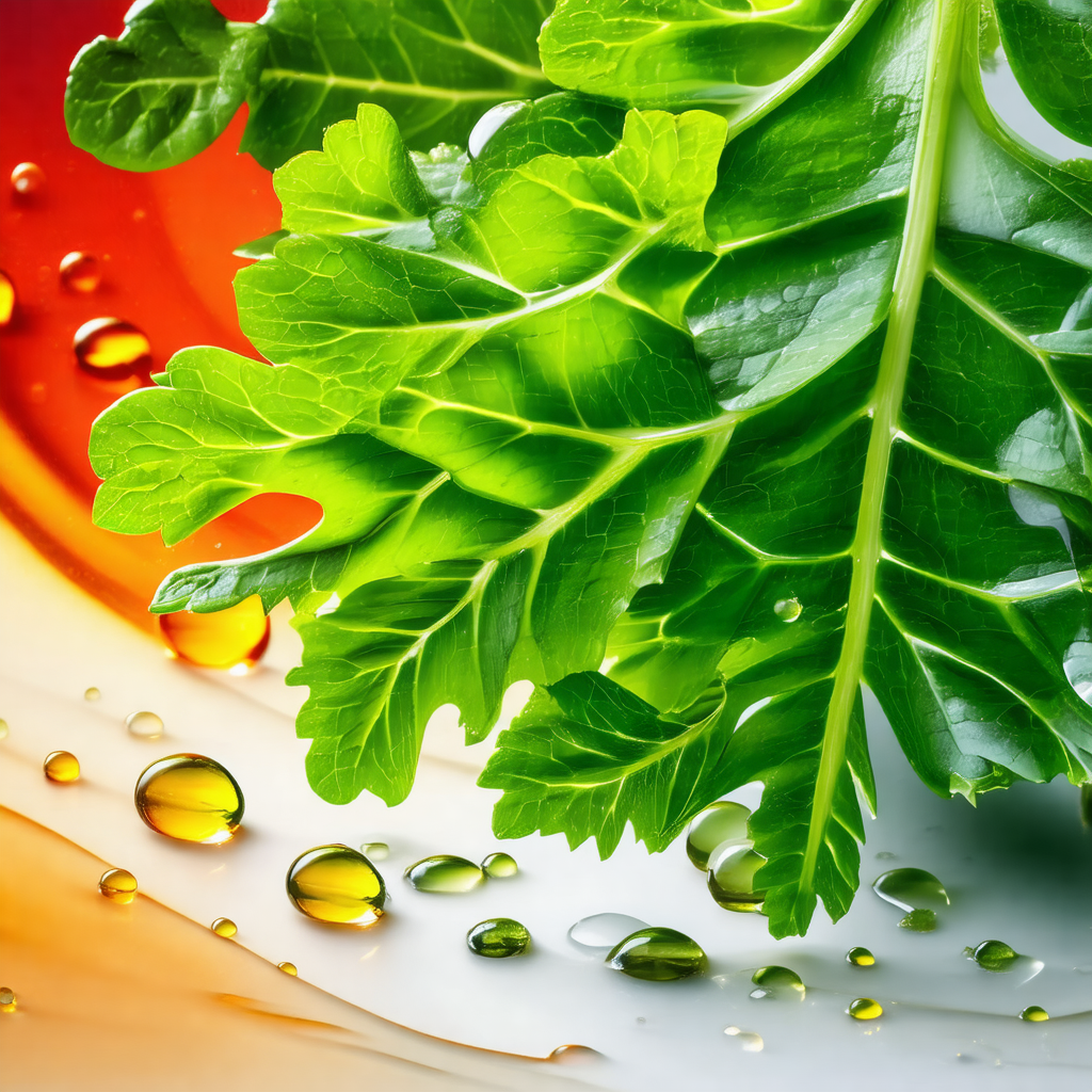Close-up of a leaf, possibly a spinach leaf, with a drop ...