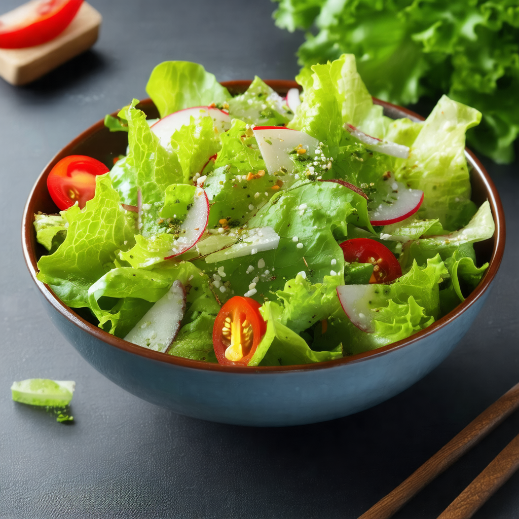 Large bowl filled with a fresh salad, placed on a dining ...