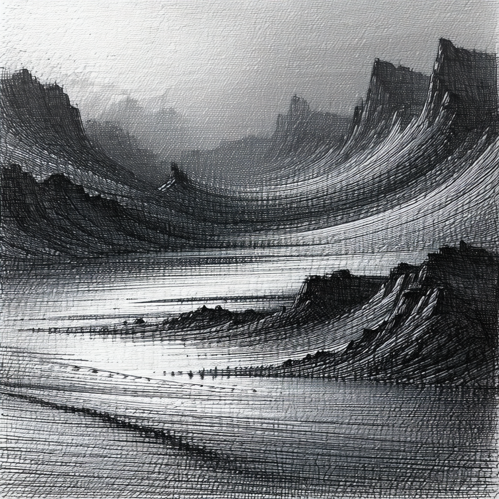 Black and white drawing of a mountainous landscape