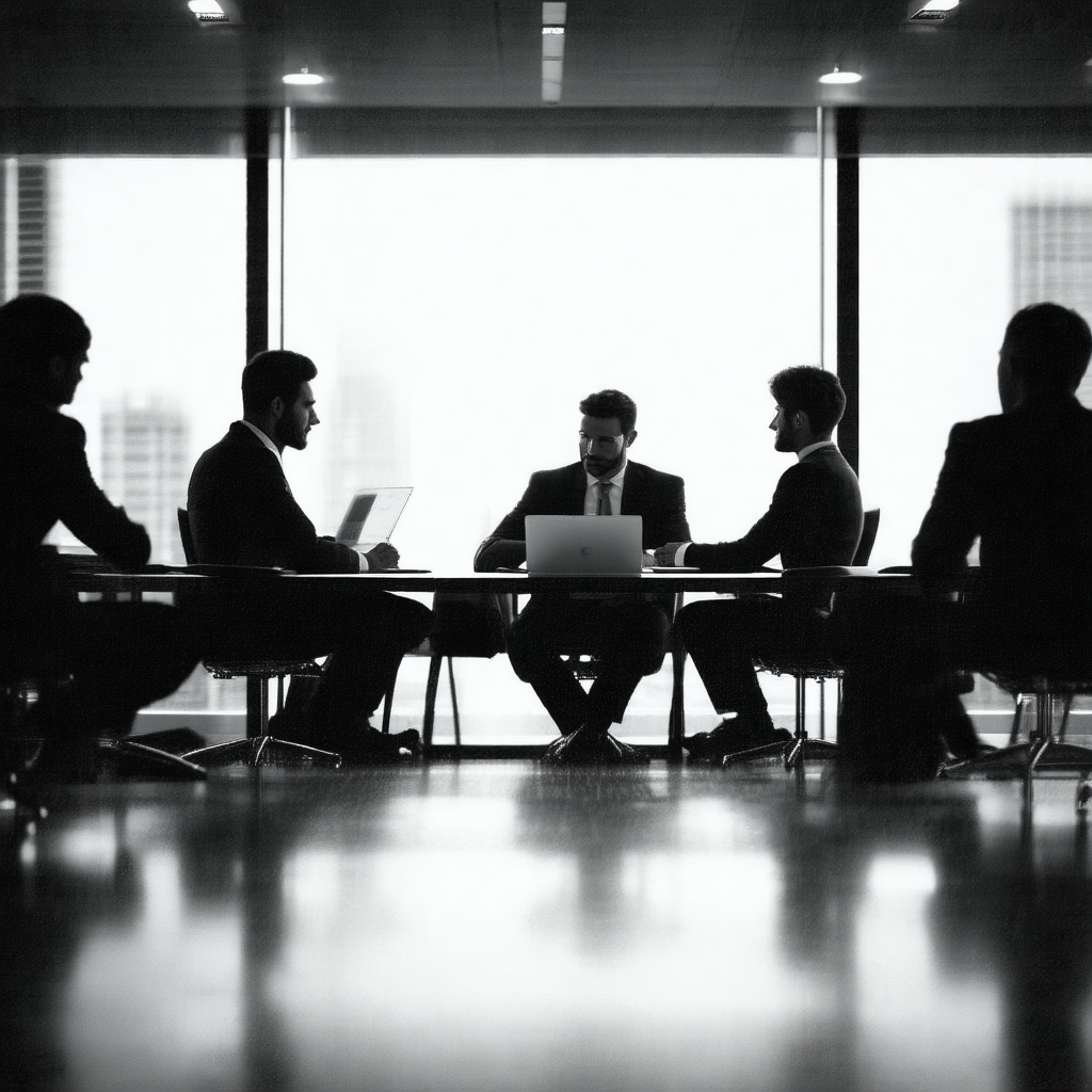 Group of men dressed in suits, sitting around a conferenc...