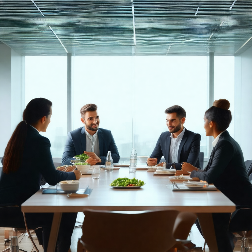 Group of people sitting around a large dining table, enga...