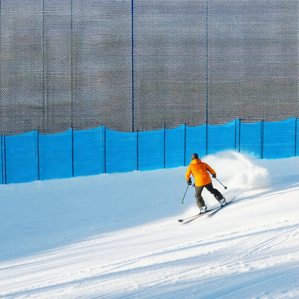 Captures a man skiing down a snow-covered slope