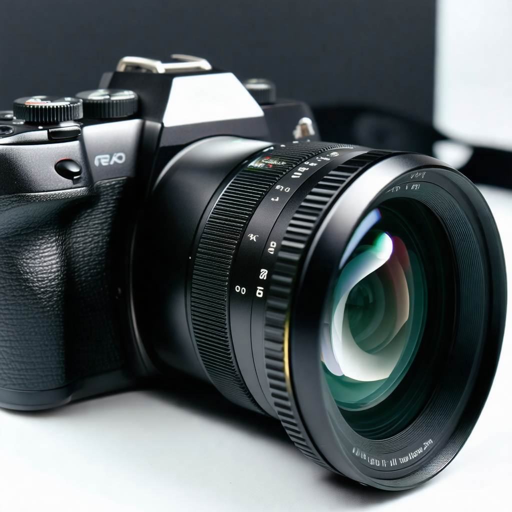 Black camera with a large lens, sitting on a white surface