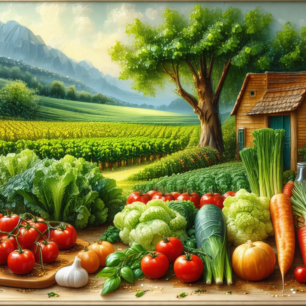Painting of a farm scene with a variety of vegetables and...