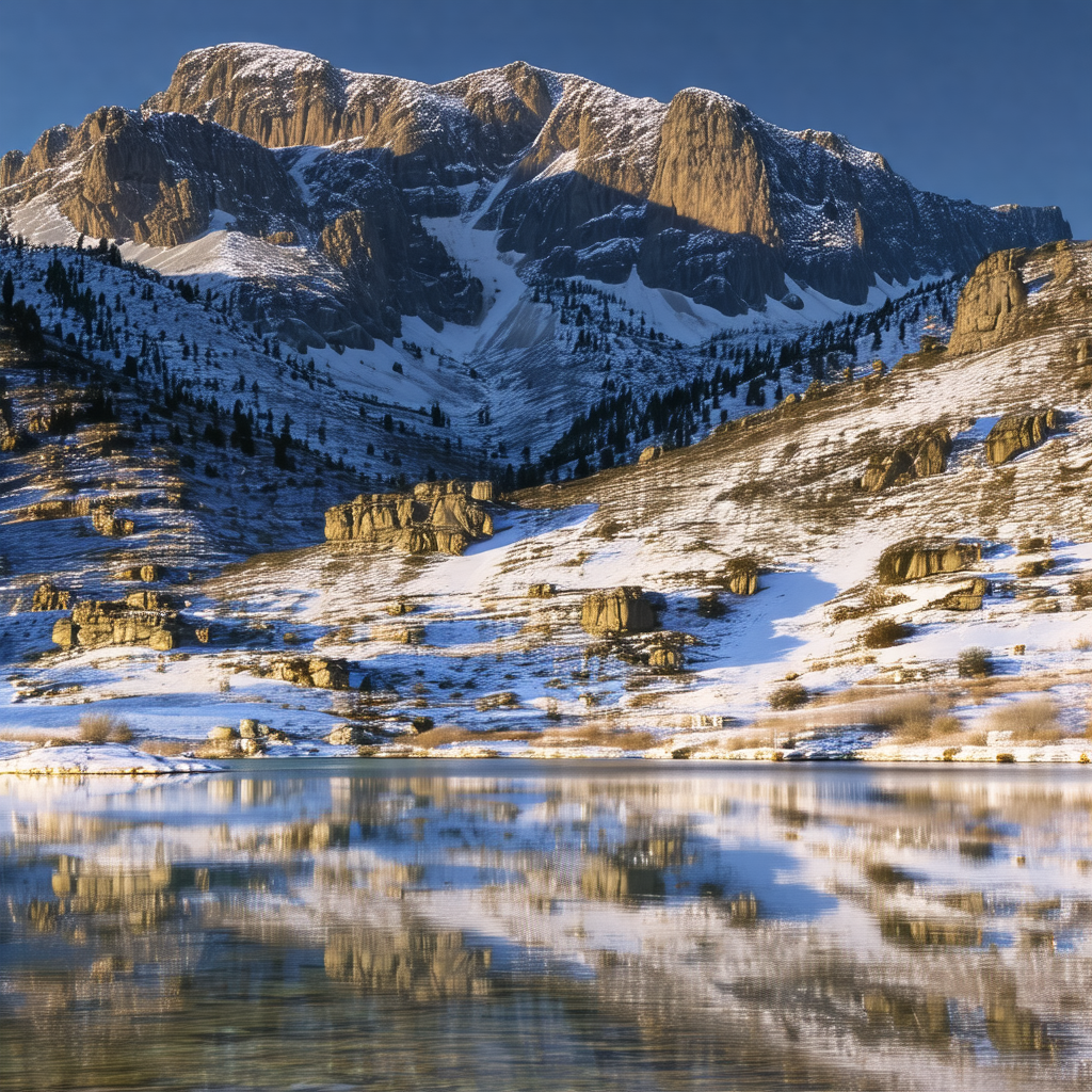 Snow-covered mountain with a large body of water in front...