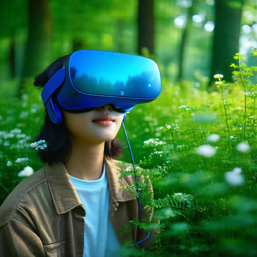 Woman wearing a blue virtual reality headset, which is pl...