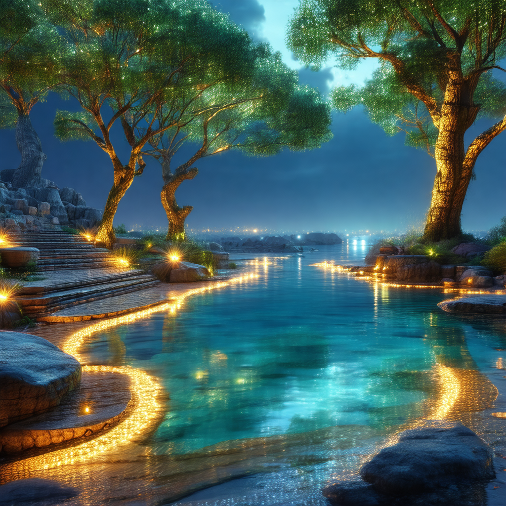 Serene scene of a lake at night, with a pathway leading t...
