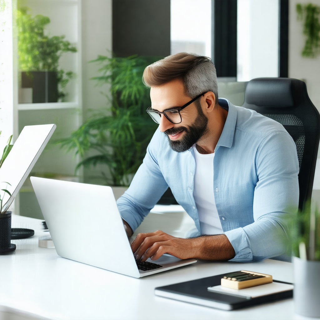 Man sitting at a desk, working on a laptop computer