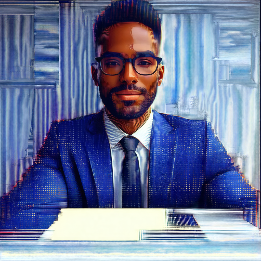 Man wearing a suit and tie, sitting at a desk