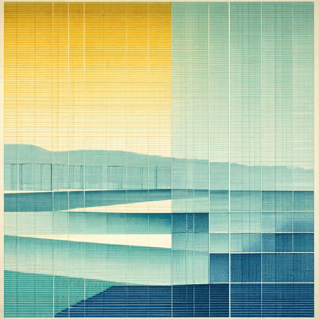 Large, colorful painting of a bridge over a body of water