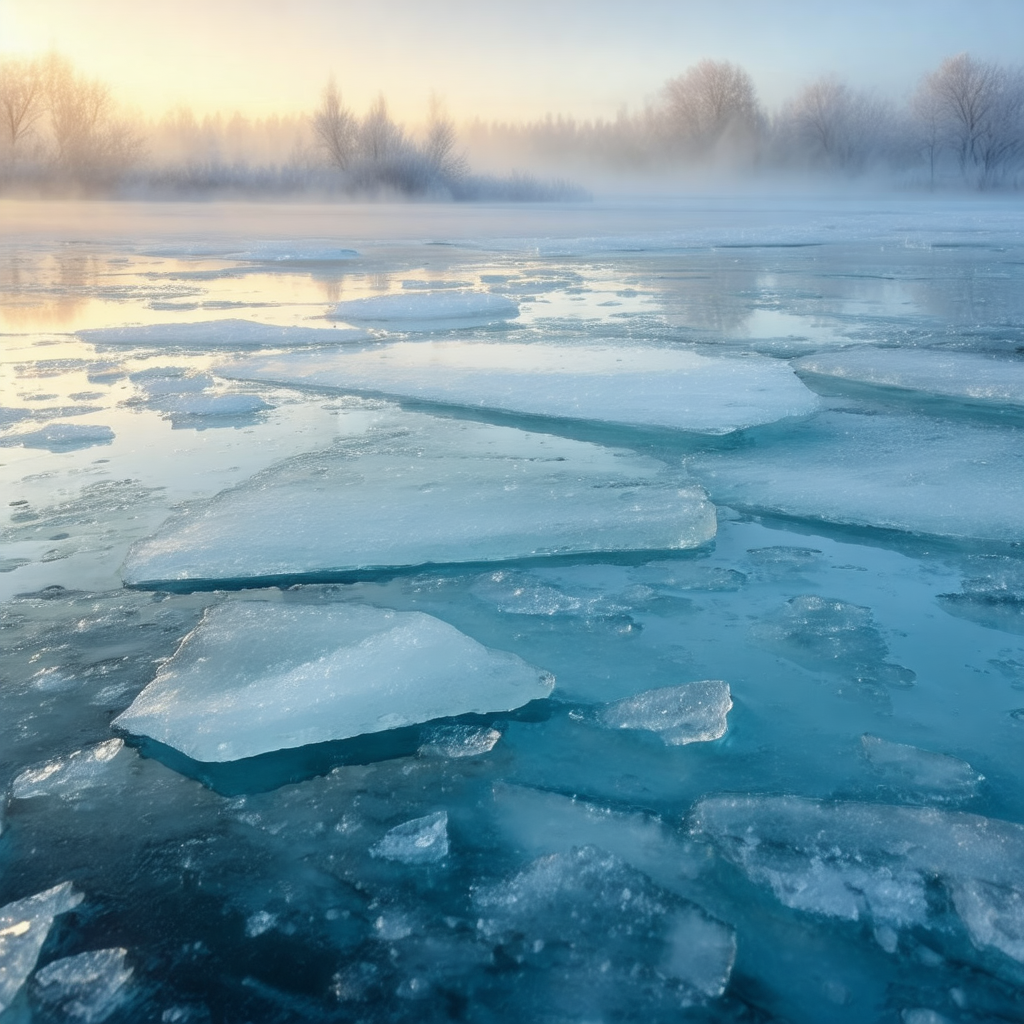 Frozen lake with a beautiful sunset in the background