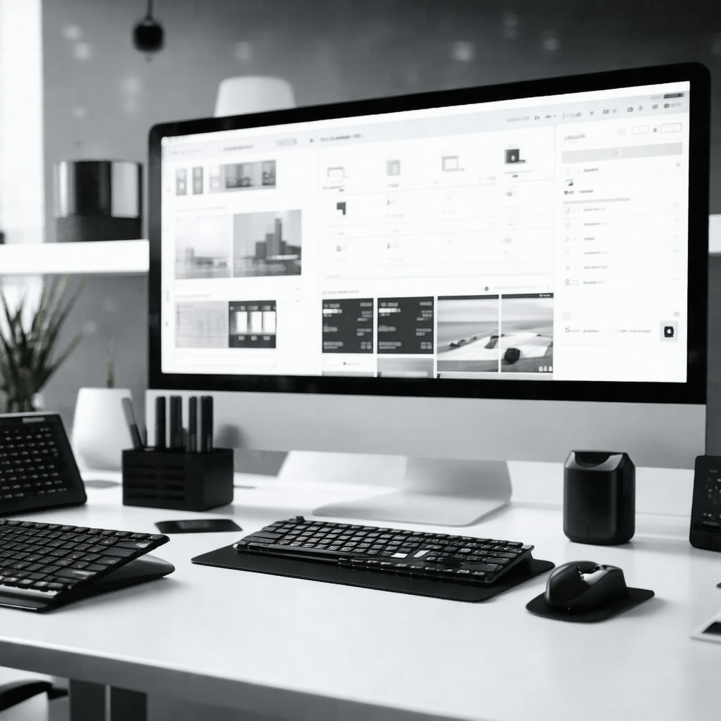 White desk with a large computer monitor sitting on top o...