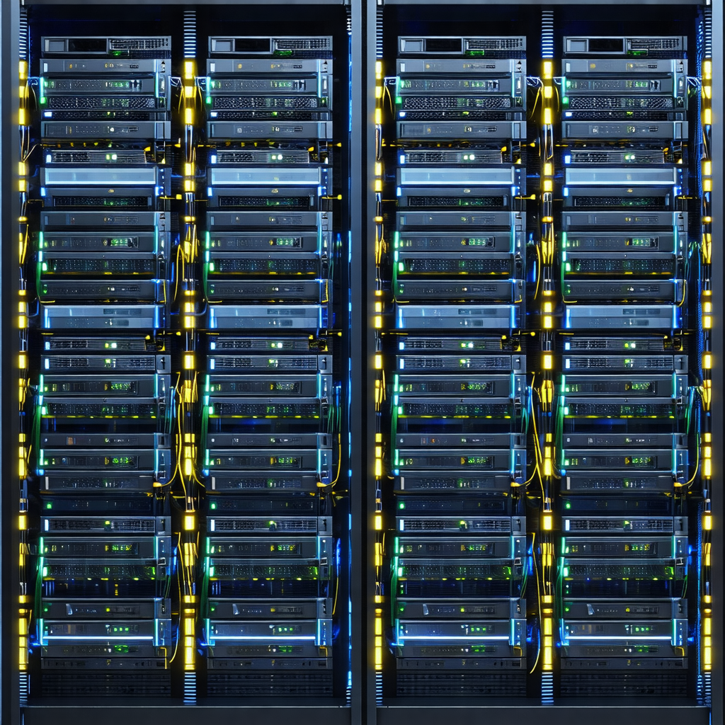Large, blue server with two rows of green lights on the f...