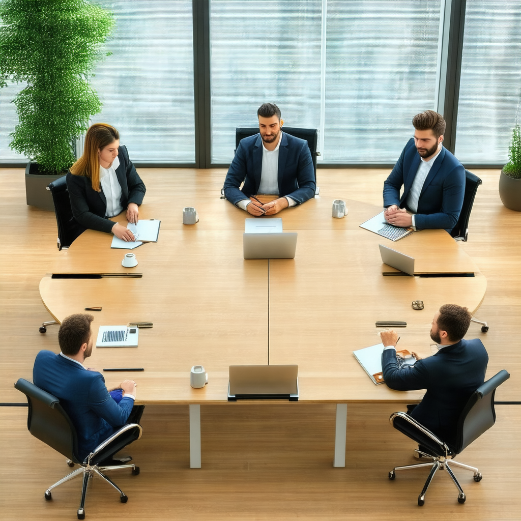Group of people sitting around a large wooden table in a ...