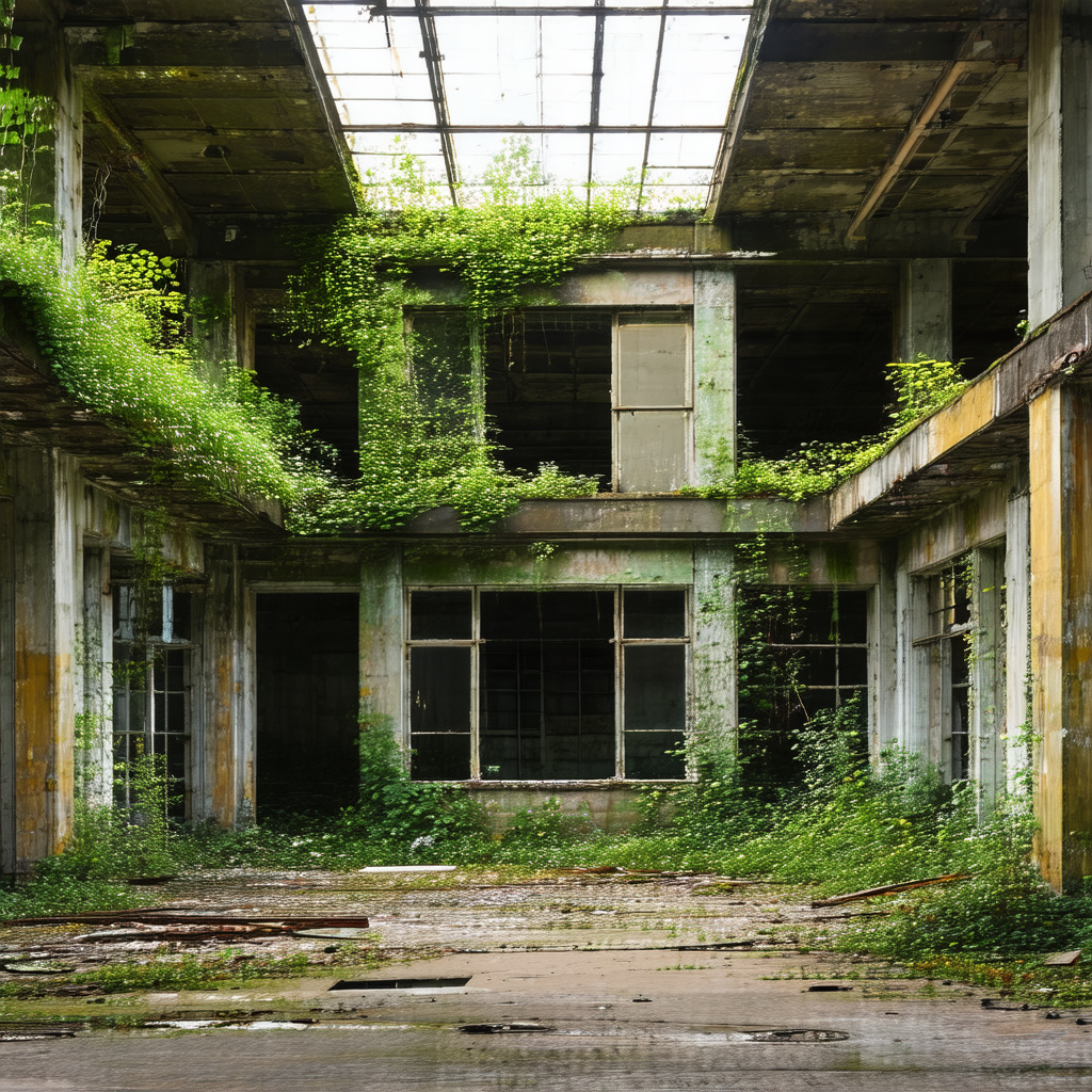 Large, abandoned building with a green vine growing up it...
