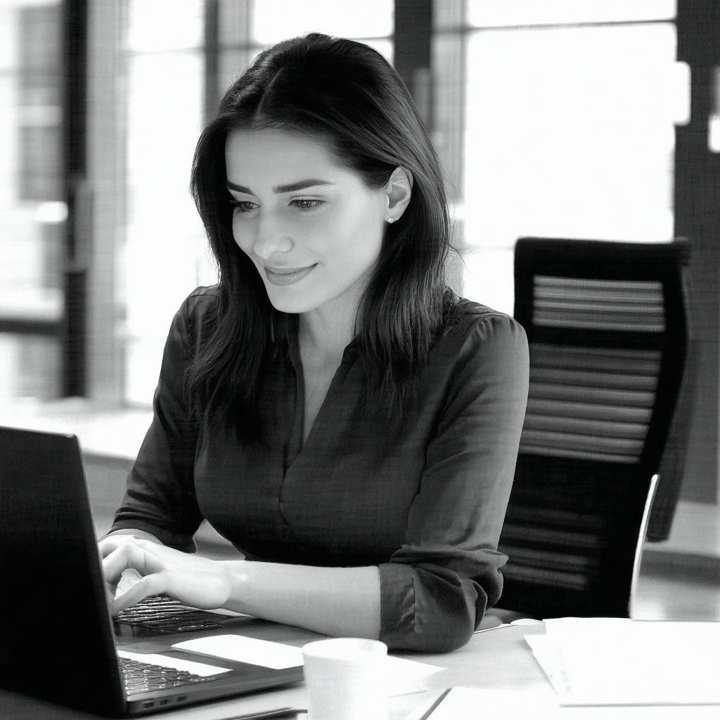 Woman sitting at a desk, working on a laptop computer