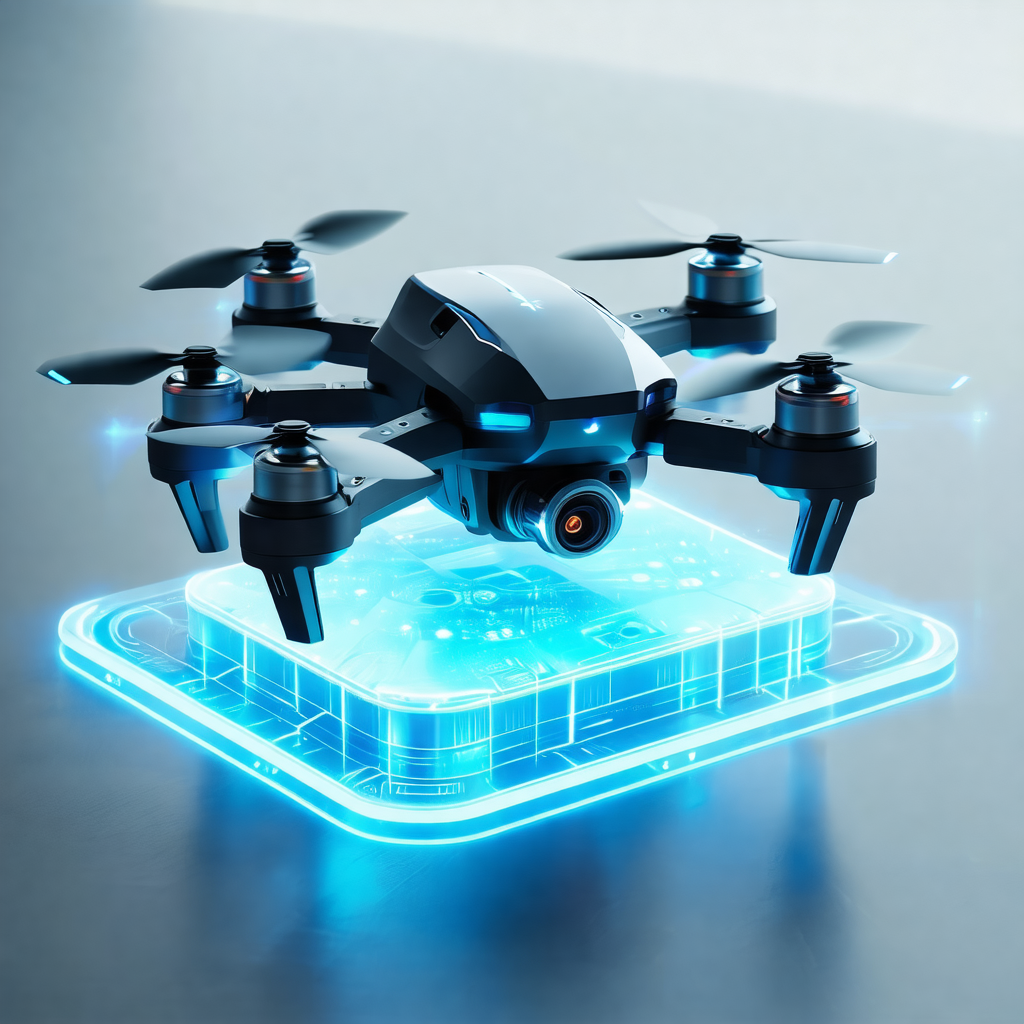 Small drone with a blue glow hovering above a blue box