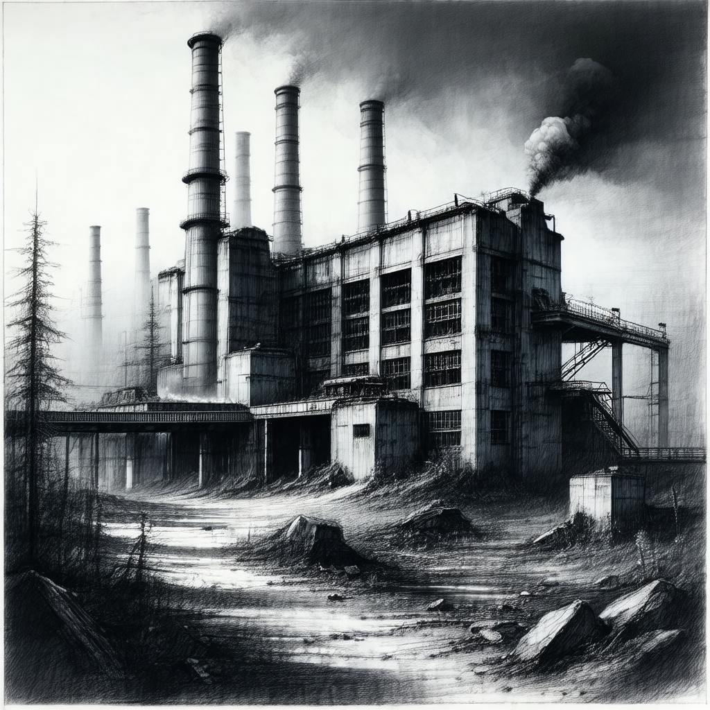 Black and white drawing of a large industrial building wi...