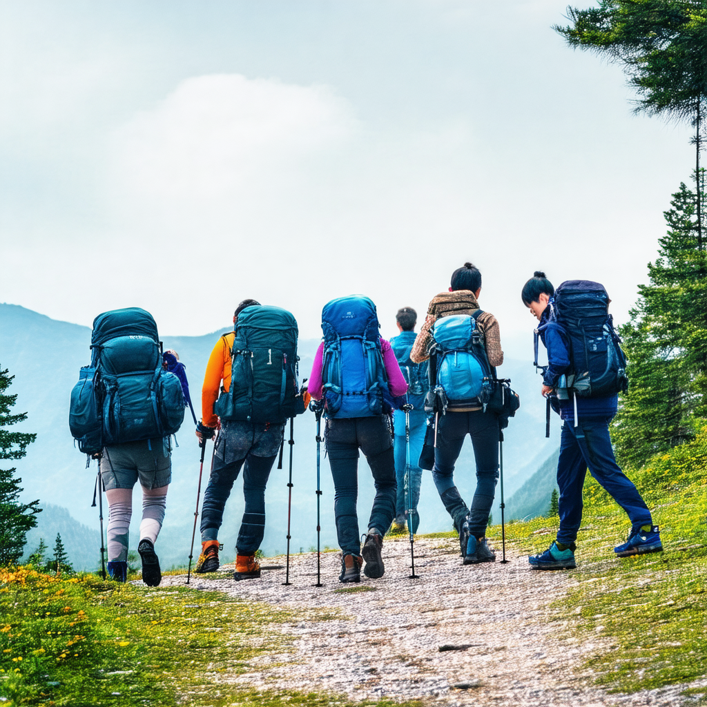 Group of six people walking together on a dirt path