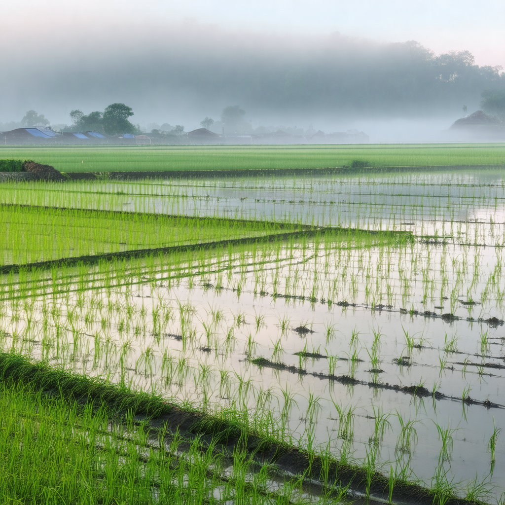 Large field of rice, with the rice plants growing in a de...