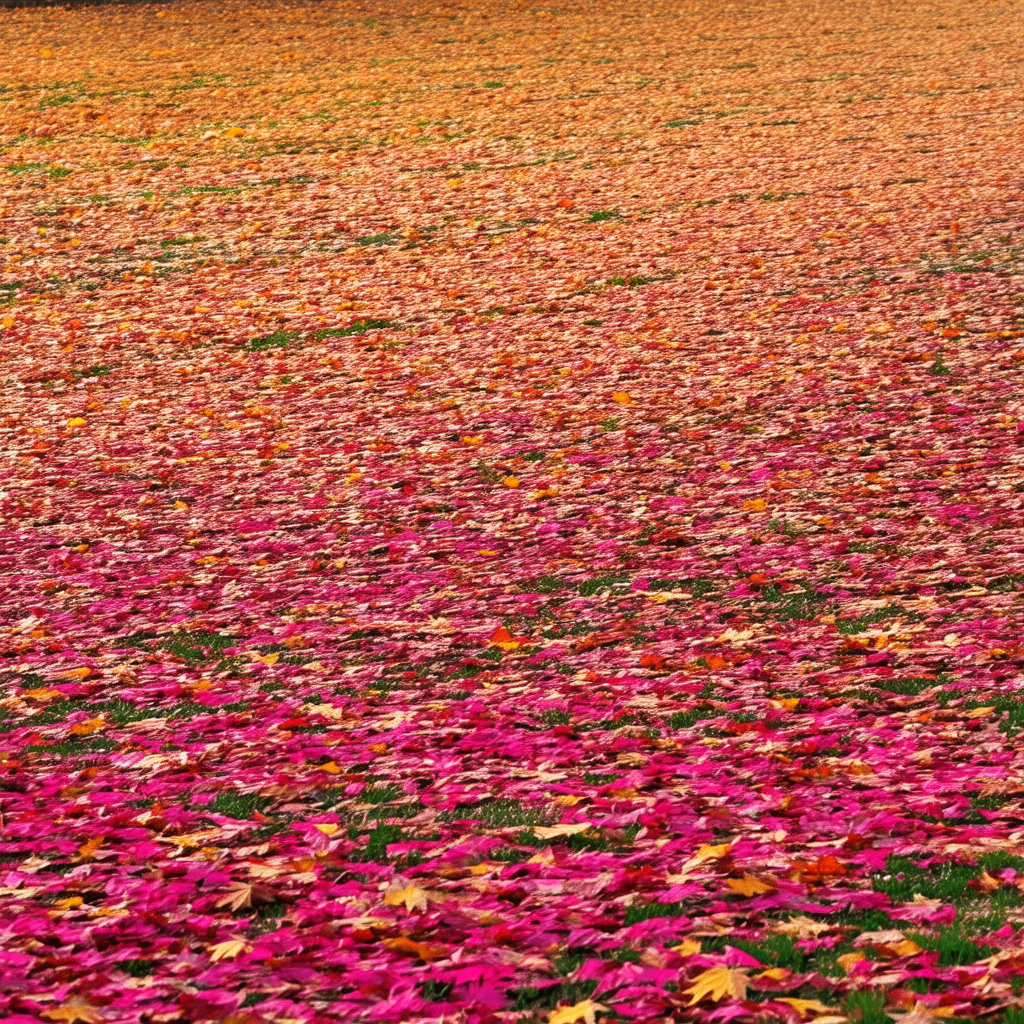 Large, open field with a mix of red and orange leaves sca...