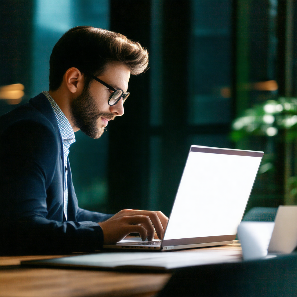 Man wearing glasses, sitting at a desk and working on a l...